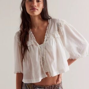 Free People White Lace Trim Blouse